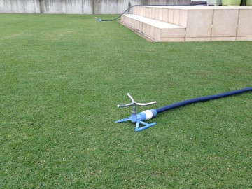 Two blue sprinkler on green lawn.