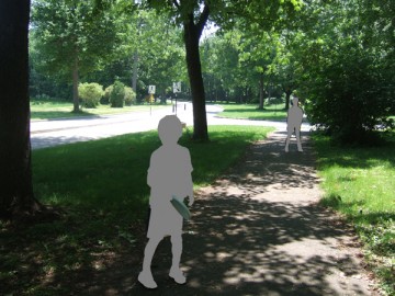 An avenue lined with trees in Angrignon Park. A child with a Frisbee in his hand in nearby.