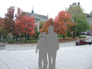 A family photo, in front of autumn foliage in town of Sherbrooke.