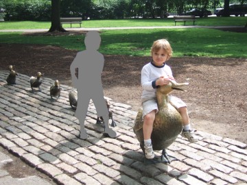 Children who take photo sitting on the bronze statue of a duck family in Public Garden.
