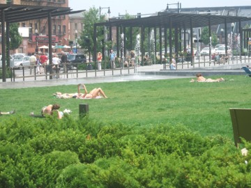 People enjoying the sun in bathing suits on the lawn in North End Park.
