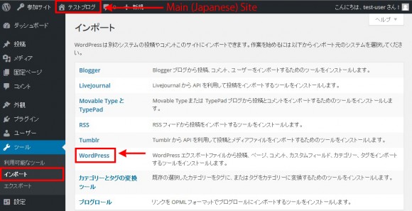 Main (Japanese) site. “WordPress importer” is not installed yet.