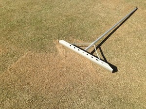 The soil spreaded on the lawn and an aluminum rake.